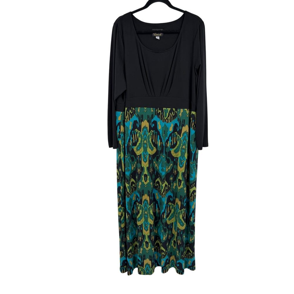 Bob Mackie Womens Maxi Dress Size 2X Black Green Jersey Long Sleeve Wearable Art - Picture 2 of 12